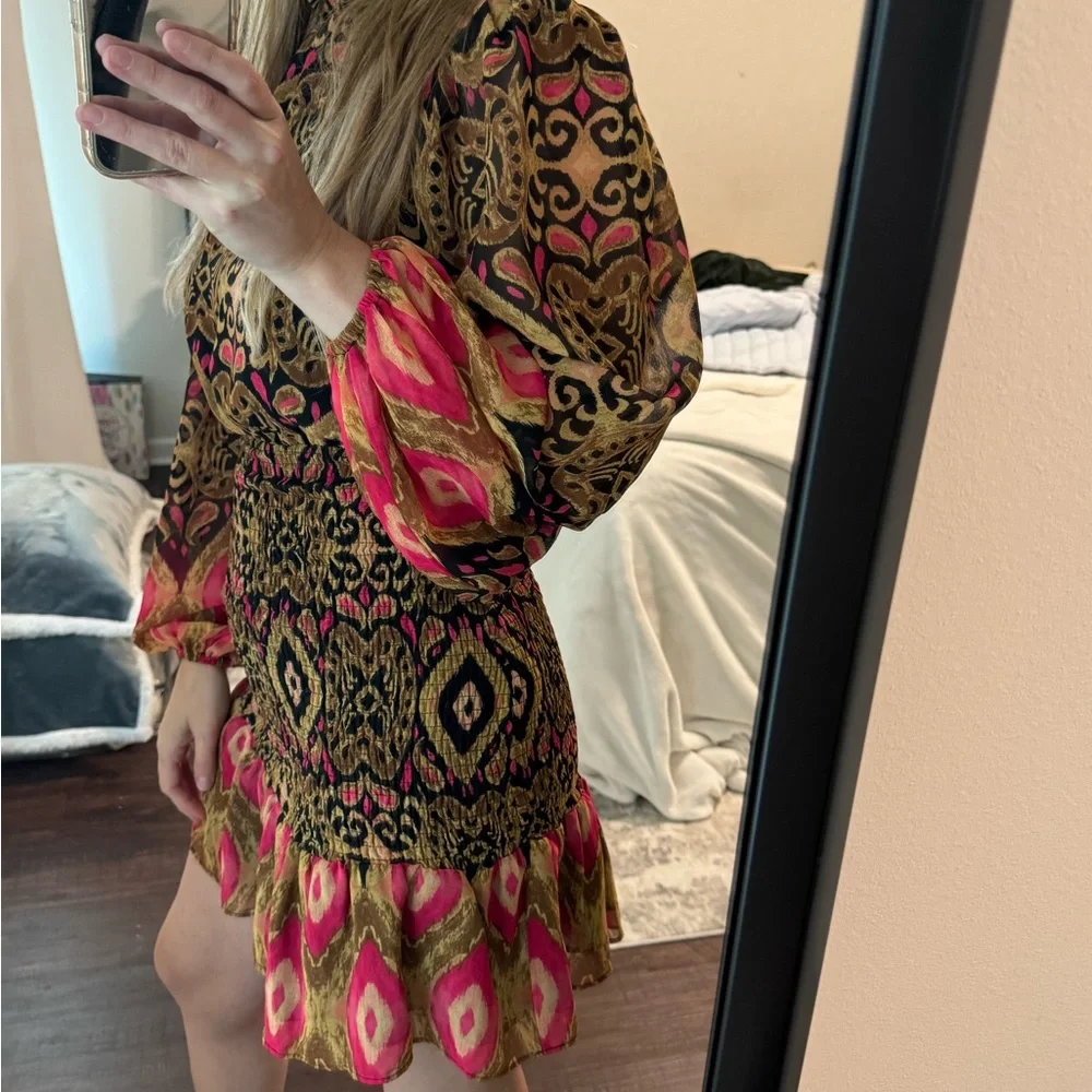 Bohemian Patterned Dress with Bell Sleeves - Picture 6 of 10